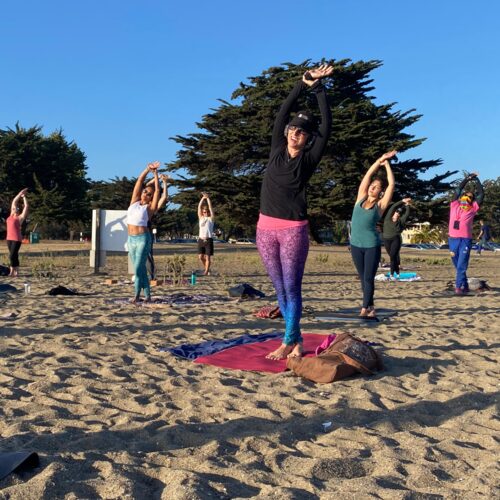 Beach yoga session at sunset – Several individuals practicing yoga on the beach with mats laid out on the sand, blue sky and trees in the background.